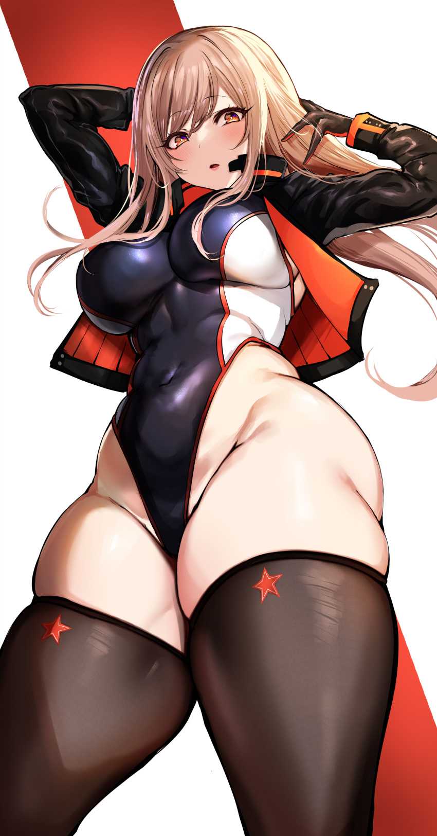 1girl absurdres agetama arms_up black_gloves black_jacket black_thighhighs breasts brown_eyes brown_hair covered_navel cropped_jacket from_below gloves goddess_of_victory:_nikke groin highleg highleg_swimsuit highres jacket large_breasts long_hair looking_at_viewer looking_down official_alternate_costume rapi_(classic_vacation)_(nikke) rapi_(nikke) skindentation solo swimsuit thighhighs thighs