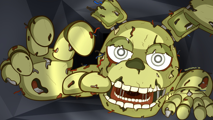 16:9 5_fingers angry animatronic anthro blood bodily_fluids bone broken clothing corpse costume crawling darkness digital_media_(artwork) fingers five_nights_at_freddy's five_nights_at_freddy's_3 flashlight fur glistening glistening_eyes gore grey_eyes hi_res human inside lagomorph leporid looking_at_viewer machine male mammal mascot_costume mascot_suit metal mold_(fungus) multicolored_body multicolored_fur open_mouth rabbit reaching_out reaching_towards_viewer robot rodent saliva saliva_string scottgames skull solo springtrap_(fnaf) squirrelman teeth teeth_showing two_tone_body two_tone_fur undead vent widescreen wire withered yellow_body yellow_fur zombie