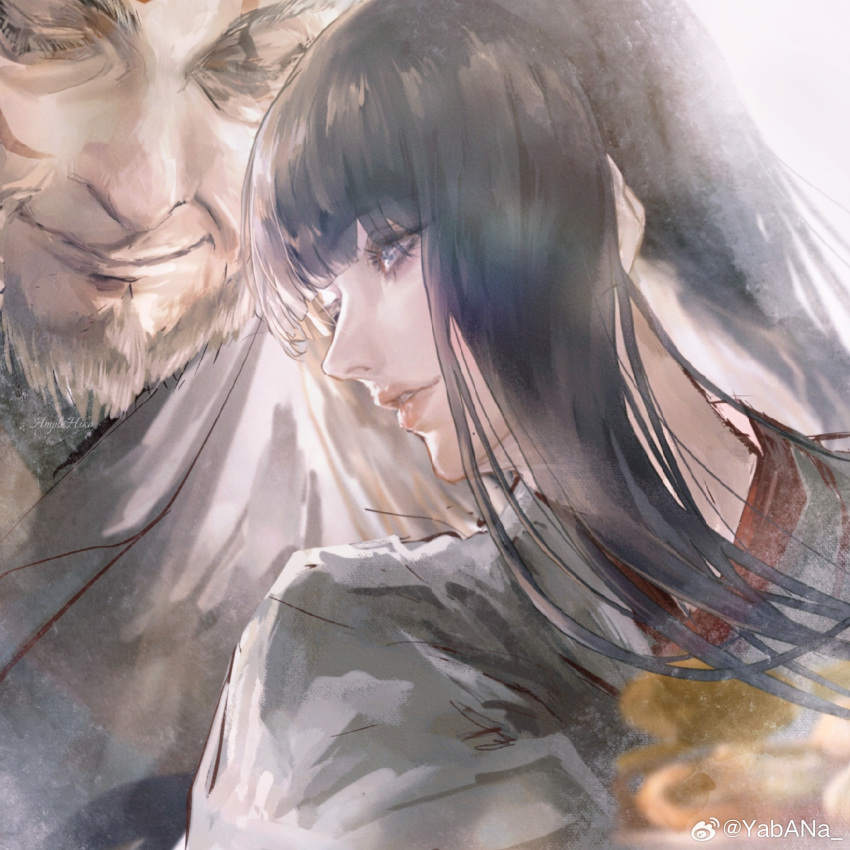 1boy 1girl amplehiko beard black_hair blue_eyes blunt_bangs chinese_commentary closed_eyes commentary_request eyes_visible_through_hair facial_hair facial_tattoo final_fantasy final_fantasy_xiv from_side gosetsu_daito green_kimono happy highres hyur japanese_clothes kimono long_hair looking_at_another old old_man parted_lips portrait realistic smile straight_hair tattoo weibo_logo weibo_username white_background yotsuyu_goe_brutus