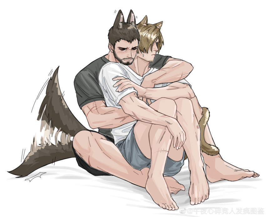 2boys absurdres alternate_facial_hair animal_ears bao_(bobobao21) bara beard blush brown_hair cat_boy cat_ears cat_tail chris_redfield dog_boy dog_ears dog_tail ear_wiggle facial_hair grey_shorts highres hug hug_from_behind kemonomimi_mode leon_s._kennedy male_focus mature_male motion_blur multiple_boys resident_evil resident_evil_4 resident_evil_4_(remake) short_hair shorts sitting_between_lap stubble tail tail_around_another's_leg toned toned_male yaoi