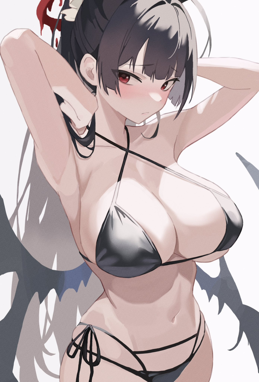 1girl armpits arms_up bikini black_bikini black_hair black_wings blue_archive blush breasts chikoku cleavage criss-cross_halter halo halterneck highres large_breasts long_hair looking_at_viewer melting_halo navel official_alternate_costume ponytail red_eyes red_halo side-tie_bikini_bottom sideways_glance simple_background solo stomach swimsuit tsurugi_(blue_archive) tsurugi_(swimsuit)_(blue_archive) very_long_hair white_background wings