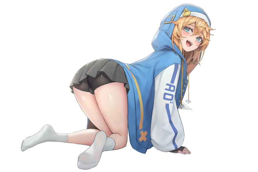 1boy absurdres all_fours androgyne_symbol aqua_eyes ass bike_shorts bike_shorts_under_skirt black_gloves black_shorts black_skirt blonde_hair blush bridget_(guilty_gear) bulge comiket_102 covered_testicles fingerless_gloves gloves guilty_gear guilty_gear_strive habit hakusyokuto highres hood hooded_jacket hoodie jacket long_sleeves looking_at_viewer male_focus medium_hair open_clothes open_hoodie open_mouth otoko_no_ko pleated_skirt shorts simple_background skirt smile socks white_background white_socks