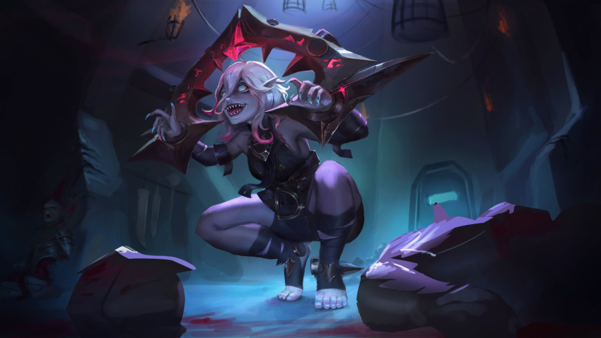 1girl :d ahoge bare_shoulders belt black_belt black_shirt black_shorts black_sleeves blood breasts briar_(league_of_legends) cage chained_wrists claw_pose colored_skin corpse detached_sleeves fire grey_eyes grey_hair grey_skin hair_between_eyes highres indoors league_of_legends long_hair open_mouth sharp_teeth shirt shorts small_breasts smile solo_focus squatting teeth toeless_footwear vomin.tuan_(kin_kin)