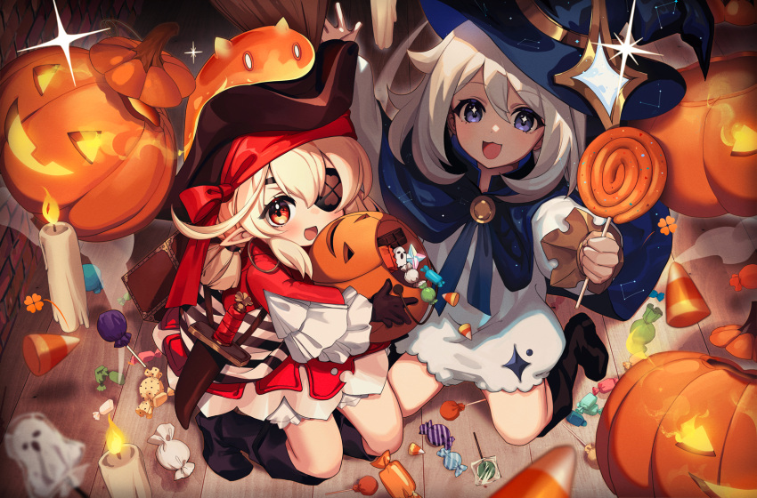 2girls :d alternate_costume black_headwear black_socks blonde_hair blue_eyes blue_headwear candle candy child commentary english_commentary eyepatch food genshin_impact halloween halloween_bucket hat highres holding holding_candy holding_food jack-o'-lantern klee_(genshin_impact) kneeling long_hair looking_at_viewer lucidsky multiple_girls open_mouth paimon_(genshin_impact) purple_eyes red_eyes smile socks witch_hat