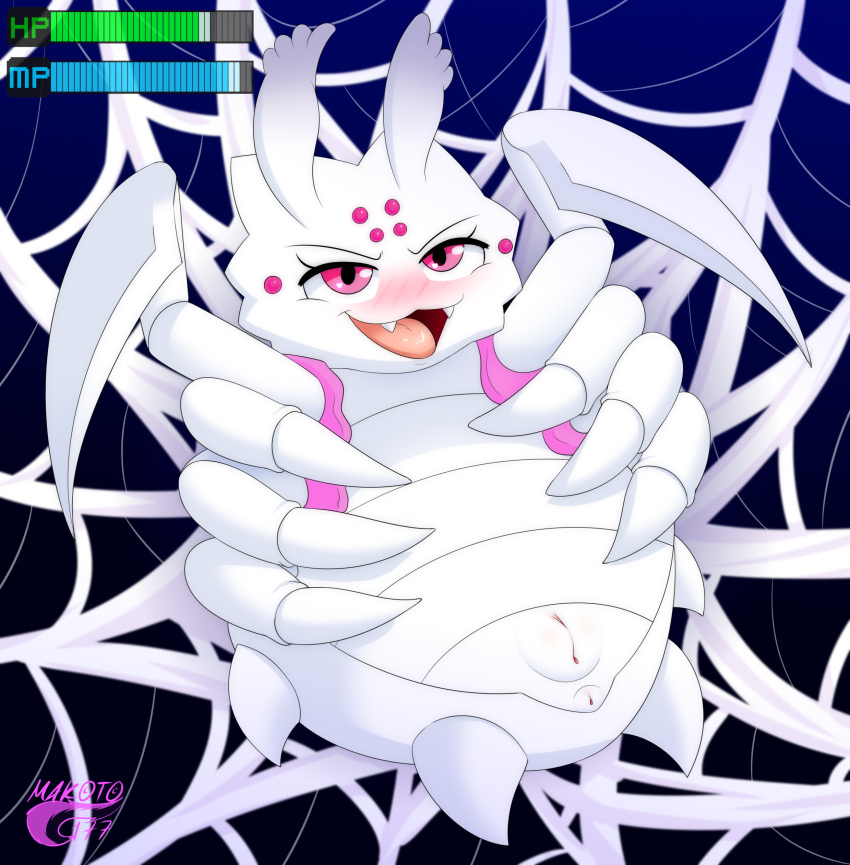 absurd_res arachnid arthropod blush digital_media_(artwork) female feral genitals hi_res kumoko makoto177 multi_eye open_mouth pussy simple_background smile so_i'm_a_spider_so_what? solo spider spider_web tongue tongue_out white_body