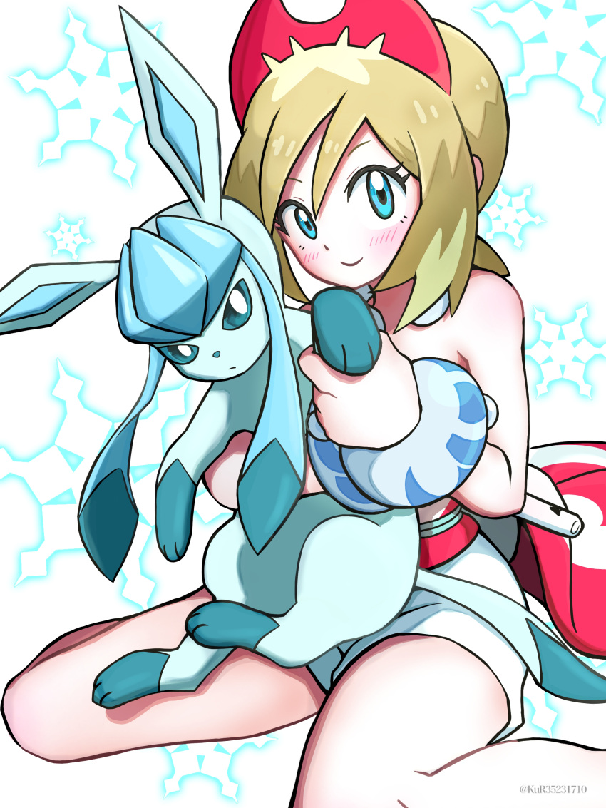 1girl absurdres aruke_(gter7727) bare_shoulders blonde_hair blue_eyes commentary glaceon hairband highres holding holding_pokemon irida_(pokemon) looking_at_viewer pokemon pokemon_(creature) pokemon_(game) pokemon_legends:_arceus shirt simple_background sitting smile snowflakes strapless strapless_shirt tail waist_cape wariza white_background