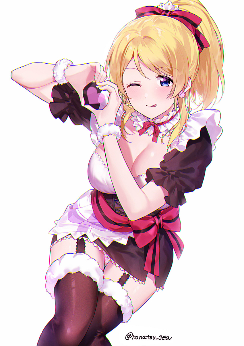 1girl :p absurdres artist_name ayase_eli black_thighhighs blonde_hair blue_eyes blush bow breasts choker cleavage commentary_request dress earrings frilled_choker frills fur-trimmed_thighhighs fur_trim garter_straps hair_bow heart heart_hands highres jewelry large_breasts long_hair looking_at_viewer love_live! love_live!_school_idol_project maid mogyutto_"love"_de_sekkin_chuu! nanatsu_no_umi one_eye_closed pink_bow ponytail short_sleeves simple_background smile solo thighhighs tongue tongue_out white_background