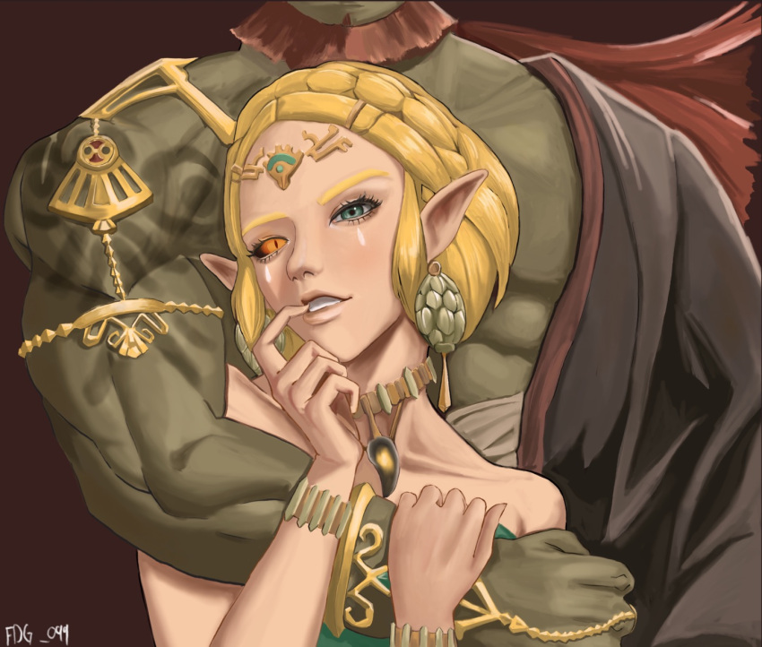 1boy 1girl armlet artist_name bare_shoulders beard blonde_hair braid circlet colored_sclera colored_skin corruption crown_braid dangle_earrings earrings evil_smile facial_hair fidget4827 ganondorf gerudo green_eyes green_skin heterochromia highres hug hug_from_behind jewelry long_hair looking_at_viewer muscular muscular_male official_alternate_costume orange_sclera parted_lips pointy_ears princess_zelda red_hair single_arm_hug single_bare_shoulder slit_pupils smile teardrop_facial_mark the_legend_of_zelda the_legend_of_zelda:_tears_of_the_kingdom wristlet