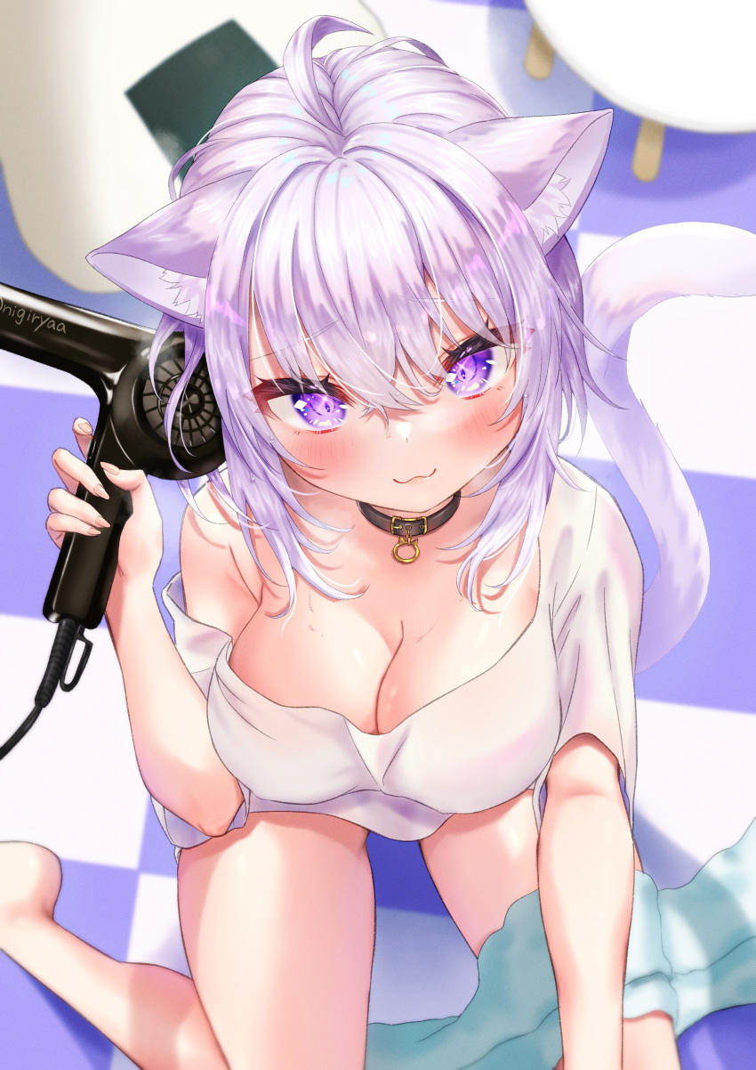 1girl :3 absurdres ahoge animal_ear_fluff animal_ears belt belt_collar black_belt blush breasts cat_ears cat_tail checkered_floor cleavage collar food from_above hair_dryer highres holding holding_hair_dryer hololive large_breasts long_hair mary_is_mine nekomata_okayu onigiri purple_eyes purple_hair shirt solo tail virtual_youtuber white_shirt