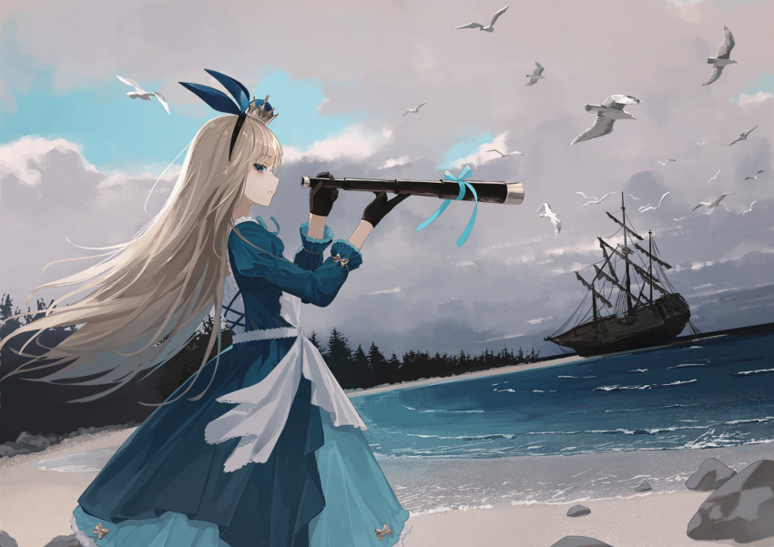 1girl alice_(alice_in_wonderland) alice_in_wonderland beach bird black_gloves blonde_hair blue_dress cloud cloudy_sky crown dress floating_hair forest gloves hairband holding_telescope juliet_sleeves long_hair long_sleeves mini_crown nature ocean outdoors parted_lips profile puffy_sleeves rock ship sideways_glance sky solo telescope wakuseiy watercraft