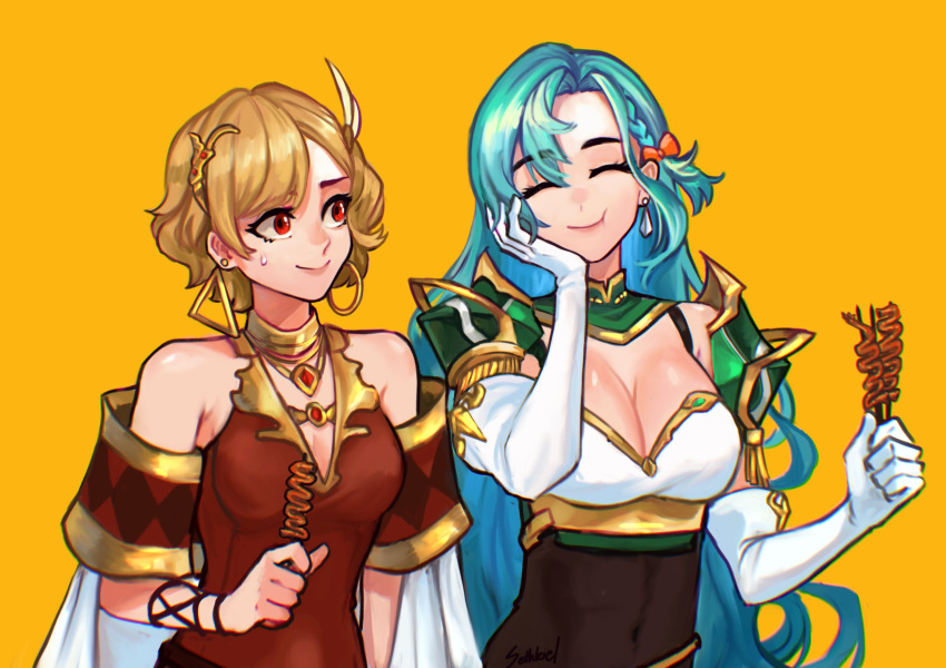 2girls absurdres armor blonde_hair blue_hair breasts chloe_(fire_emblem) citrinne_(fire_emblem) cleavage closed_eyes closed_mouth earrings elbow_gloves feather_hair_ornament feathers fire_emblem fire_emblem_engage food gloves hair_ornament hair_ribbon highres holding holding_food hoop_earrings jewelry long_hair multiple_girls red_eyes ribbon sethkiel short_hair white_gloves