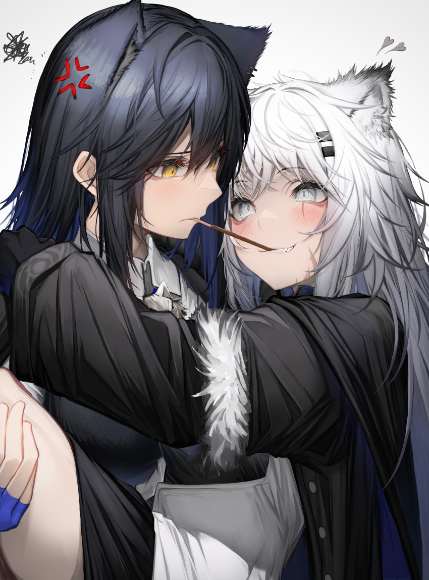 2girls absurdres anger_vein animal_ears arknights black_hair blue_gloves blush carrying commentary eye_contact fingerless_gloves food gloves grey_eyes hand_on_another's_shoulder heart highres lappland_(arknights) lappland_(refined_horrormare)_(arknights) long_hair looking_at_another multiple_girls official_alternate_costume pocky pocky_kiss princess_carry scar scar_across_eye scar_on_face sharp_teeth simple_background smile smirk squiggle tab_head teeth texas_(arknights) texas_the_omertosa_(arknights) white_background white_hair wolf_ears wolf_girl yellow_eyes yuri