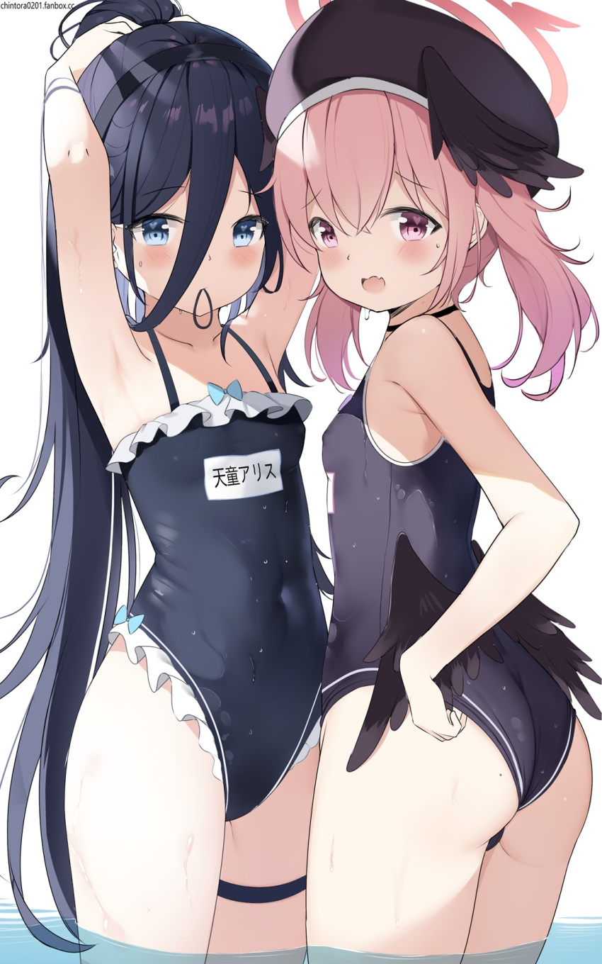2girls alternate_costume aris_(blue_archive) arms_up ass beret black_hair black_hairband black_headwear black_one-piece_swimsuit black_wings blue_archive blue_bow blue_eyes blush bow bow_swimsuit breasts chintora0201 closed_mouth collarbone commentary covered_navel cowboy_shot fang feathered_wings frilled_one-piece_swimsuit frills hair_between_eyes hair_tie_in_mouth hairband halo hat head_wings heart heart_in_eye highres koharu_(blue_archive) looking_at_viewer mouth_hold multiple_girls name_tag one-piece_swimsuit paid_reward_available pink_eyes pink_hair pink_halo ponytail school_swimsuit skin_fang small_breasts spaghetti_strap swimsuit symbol_in_eye thigh_strap wading wings