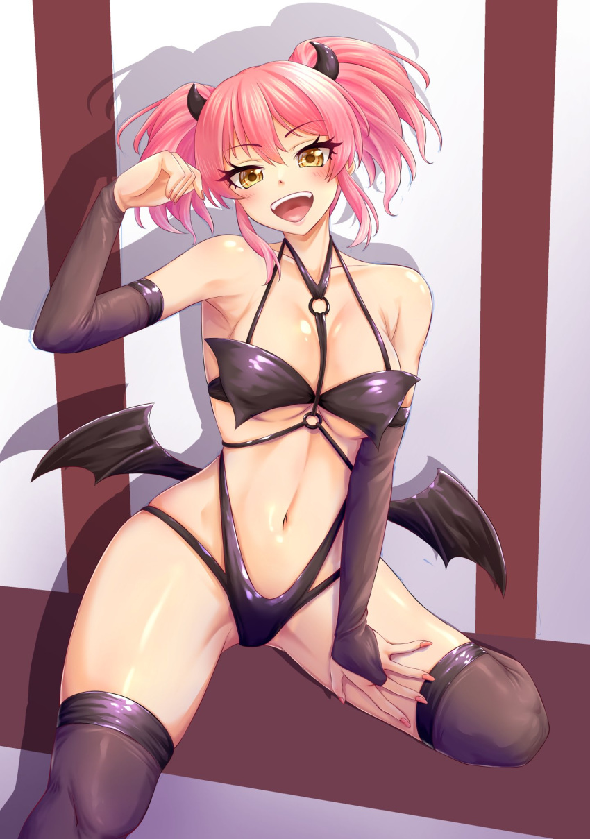 1girl :d bare_shoulders bikini black_bikini black_horns breasts brown_thighhighs demon_costume detached_sleeves hand_up highres horns idolmaster idolmaster_cinderella_girls jougasaki_mika large_breasts legs_apart navel over-kneehighs pink_hair rikai_tte_nainari_(nokinari) shiny_skin smile solo swimsuit teeth thighhighs twintails upper_teeth_only wings