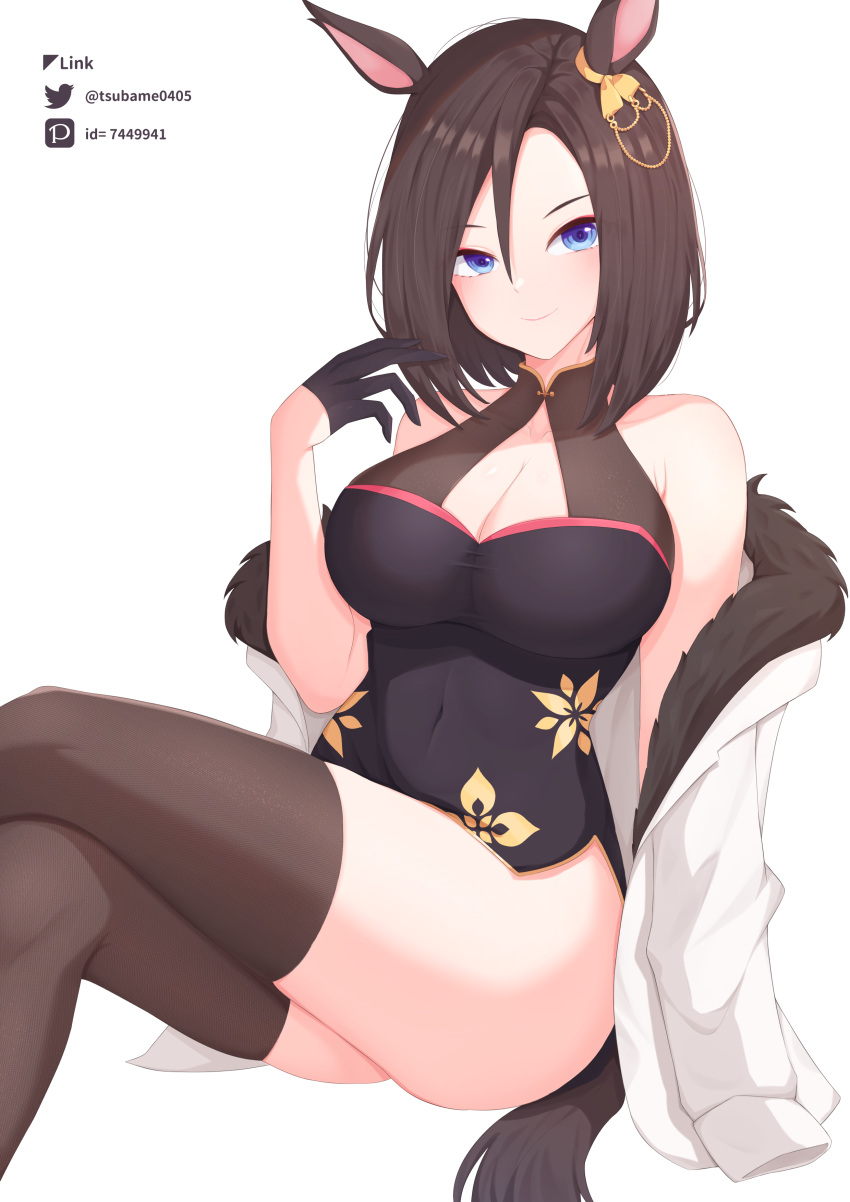 1girl absurdres air_groove_(umamusume) animal_ears bare_shoulders black_dress black_gloves black_thighhighs blue_eyes breasts brown_hair china_dress chinese_clothes cleavage cleavage_cutout clothing_cutout commentary_request crossed_legs dress ear_ornament fur-trimmed_jacket fur_trim gloves hair_between_eyes highres horse_ears horse_girl horse_tail jacket large_breasts looking_at_viewer short_hair smile solo tail thighhighs thighs tsubame_tien umamusume white_jacket