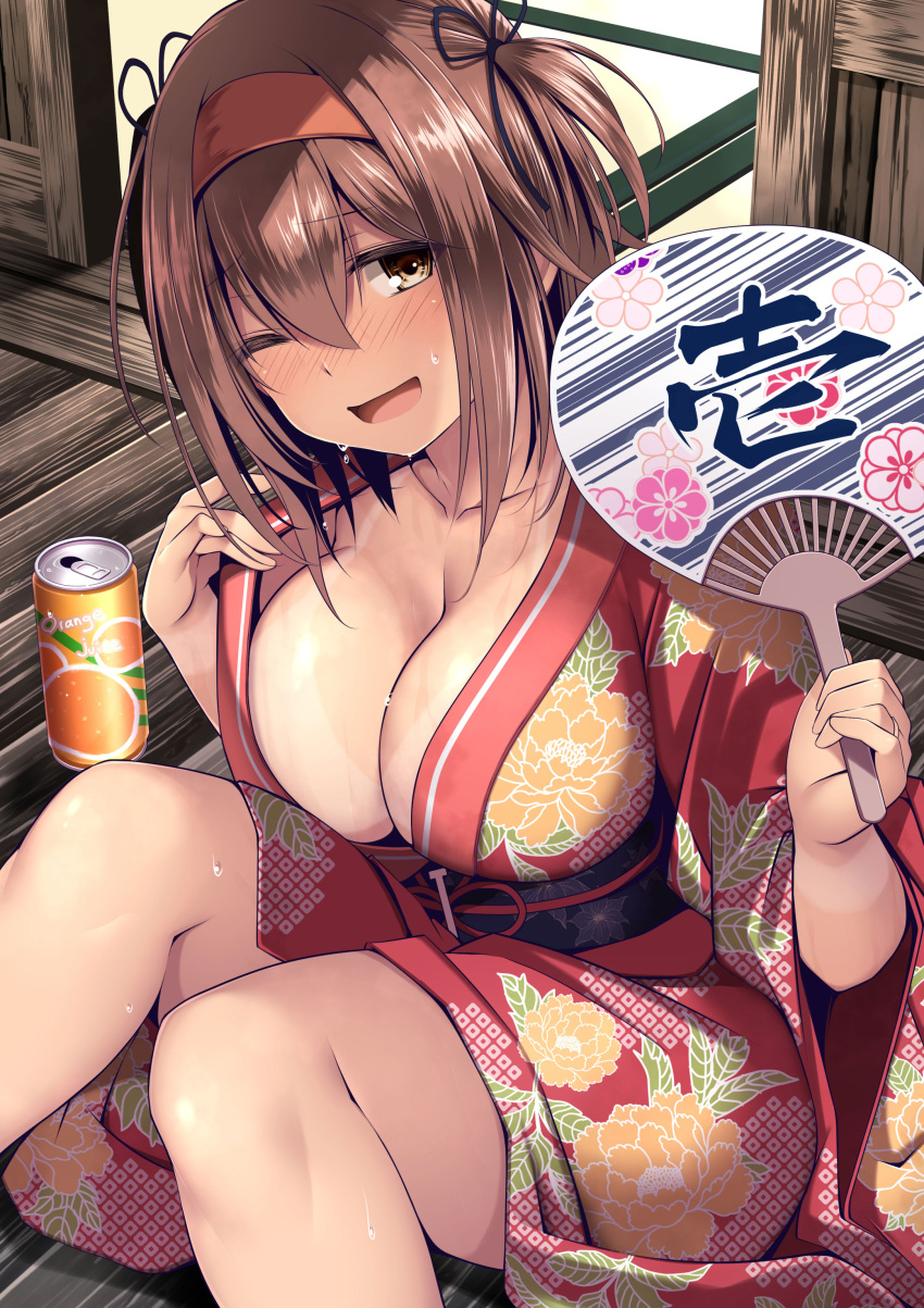 1girl absurdres bikini_tan blush breasts brown_eyes brown_hair can cleavage collarbone floral_print hair_between_eyes hairband hand_fan highres holding holding_fan indoors japanese_clothes jewelry kantai_collection kimono kimono_pull kuromayu large_breasts leaf_print looking_at_viewer one_eye_closed open_mouth paper_fan red_hairband ring sash shiratsuyu_(kancolle) sitting solo tan tanlines wedding_ring wide_sleeves wooden_floor