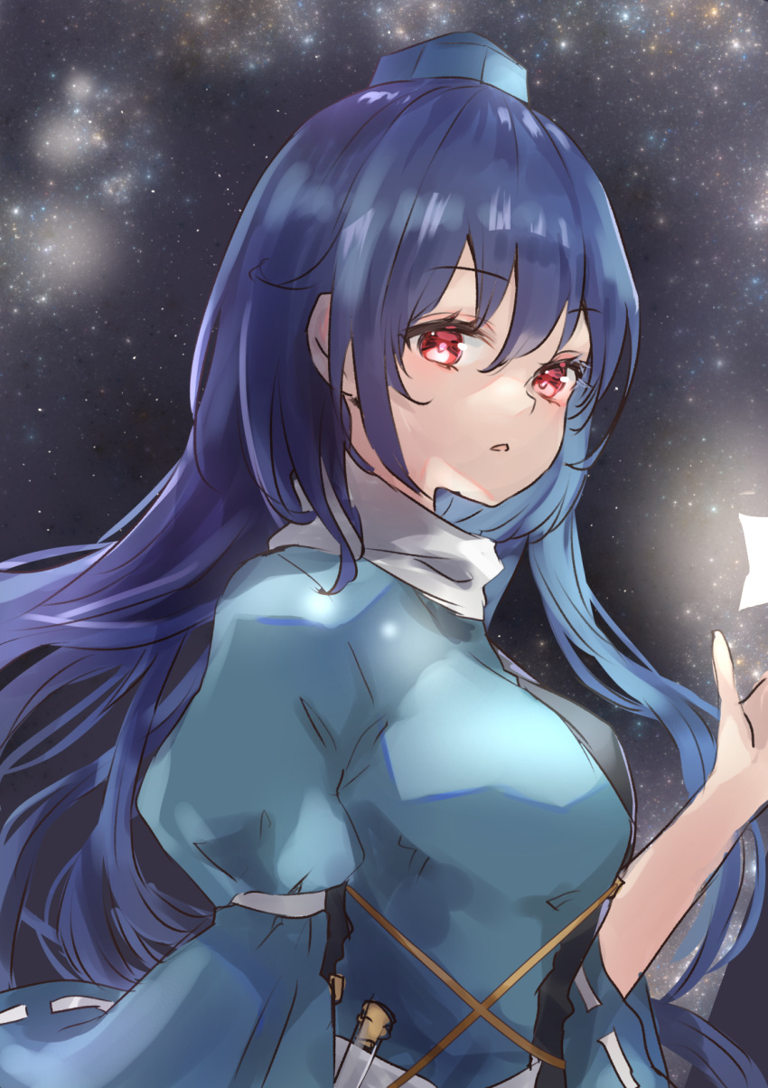 1girl belt blue_dress blue_hair blue_headwear blue_sleeves breasts dress hair_between_eyes hand_up hat highres iizunamaru_megumu light long_hair long_sleeves looking_at_viewer medium_breasts night night_sky one-hour_drawing_challenge open_mouth puffy_sleeves red_eyes shironeko_yuuki sky solo star_(sky) star_(symbol) starry_sky tokin_hat touhou white_belt wide_sleeves