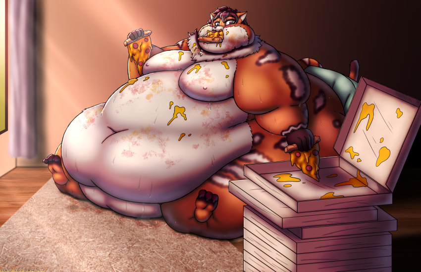 2023 absurd_res anthro artist_name belly big_belly bodily_fluids deep_navel digital_media_(artwork) domestic_cat eating felid feline felis food fupa furniture hair hi_res huge_belly lexy_(selvens) male mammal messy morbidly_obese morbidly_obese_anthro morbidly_obese_male navel nipples nude obese obese_anthro obese_male overweight overweight_anthro overweight_male pepperoni pizza pizza_box pizza_slice sitting sofa solo stuffing sweat viroveteruscy