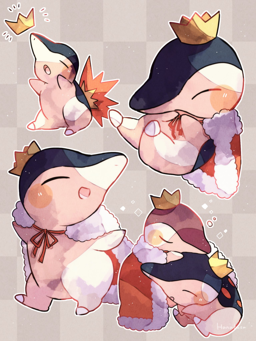 alternate_color animal_focus cape closed_eyes commentary_request crown cyndaquil fire fur-trimmed_cape fur_trim grey_background hanabusaoekaki highres multiple_views no_humans pokemon pokemon_(creature) red_cape shiny_pokemon sleeping