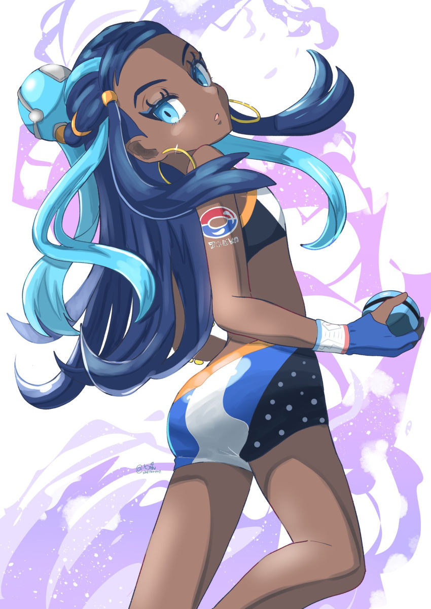 1girl ass bare_arms bare_shoulders black_hair blue_eyes blue_eyeshadow crop_top dark-skinned_female dark_skin dive_ball earrings eyeshadow hair_bun highres hoop_earrings jewelry long_hair makeup multicolored_hair nessa_(pokemon) pokemon pokemon_(game) pokemon_swsh sheyona shorts single_hair_bun solo tattoo