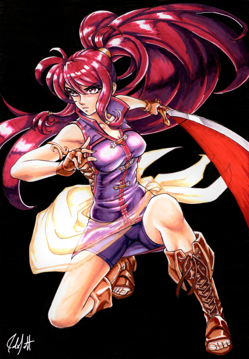 1990s_(style) 1girl armlet big_hair black_background boots breasts brown_footwear brown_gloves collarbone collared_dress cross-laced_footwear dress fingerless_gloves fire_emblem fire_emblem:_the_sacred_stones gloves hair_between_eyes hair_tie highres holding holding_sword holding_weapon long_hair low-tied_long_hair marisa_(fire_emblem) medium_breasts one_side_up purple_dress red_eyes red_hair retro_artstyle signature sirknightbot sleeveless sleeveless_dress solo squatting sword weapon