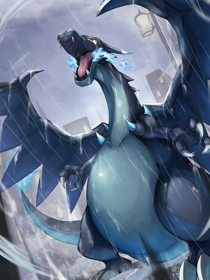 absurdres blue_fire breathing_fire charizard claws commentary_request dragon fangs fire highres lamppost mega_charizard_x mega_pokemon no_humans open_mouth outdoors pokemon pokemon_(creature) rain red_eyes ririri_(user_rkrv7838) solo standing tongue