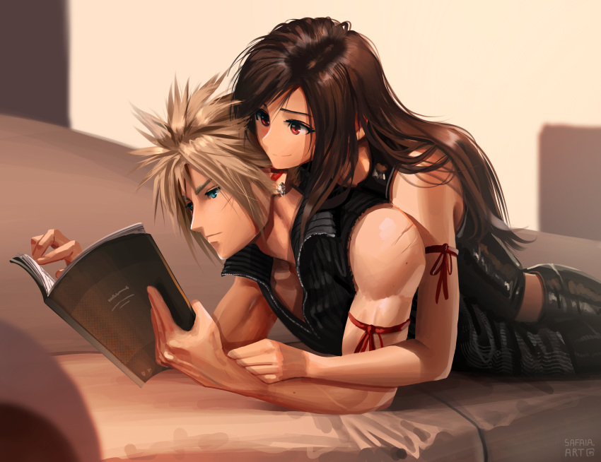 1boy 1girl absurdres apron arm_ribbon artist_name bare_shoulders black_apron black_hair black_pants black_shirt black_shorts black_vest blonde_hair blue_eyes blurry blurry_background book brown_hair closed_mouth cloud_strife commentary couch couple crop_top earrings english_commentary final_fantasy final_fantasy_vii final_fantasy_vii_advent_children high_collar highres holding holding_book indoors jewelry long_hair lying lying_on_person midriff on_couch on_person on_stomach pants reading red_eyes red_ribbon ribbon safaiaart scar scar_on_cheek scar_on_face scar_on_shoulders shirt shorts sleeveless sleeveless_shirt spiked_hair stud_earrings swept_bangs tifa_lockhart vest waist_apron zipper