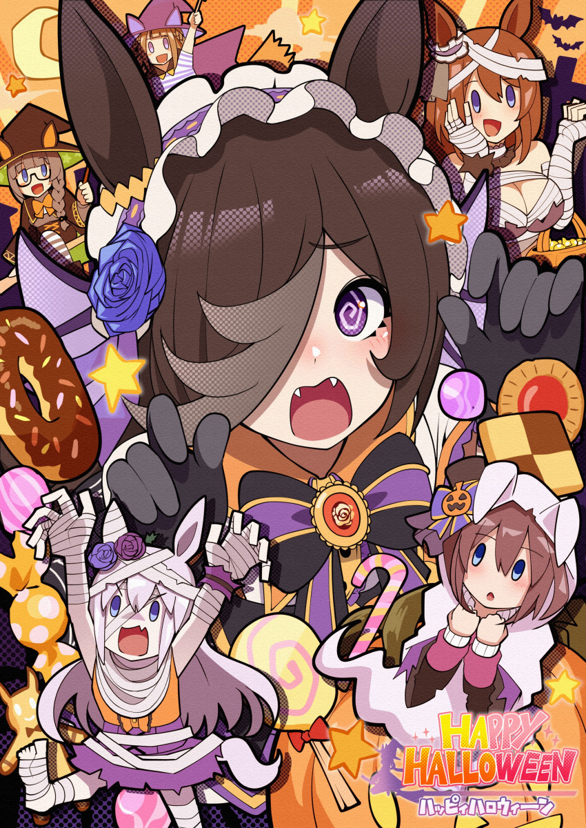6+girls @_@ absurdres animal_ears bandaged_arm bandaged_head bandaged_leg bandages bat_(animal) biscuit_(bread) black_gloves blue_eyes blue_flower blue_rose blush bow bowtie breasts brown_hair candy candy_cane claw_pose cleavage cookie crescent_moon doughnut fangs flower food frilled_hairband frills gashitani ghost_costume gloves grave hair_flower hair_ornament hairband happy_halloween hat highres horse_ears jack-o'-lantern lollipop looking_at_viewer mihono_bourbon_(ghosty_and_the_magic_of_halloween)_(umamusume) mihono_bourbon_(umamusume) moon multiple_girls mummy_costume open_mouth orange_shirt purple_eyes purple_skirt rice_shower_(make_up_vampire!)_(umamusume) rice_shower_(umamusume) rose shirt skirt smile solo_focus star_(symbol) super_creek_(chiffon_ribbon_mummy)_(umamusume) super_creek_(umamusume) sweep_tosho_(umamusume) tamamo_cross_(go_get_'em_halloween_knight!)_(umamusume) tamamo_cross_(umamusume) umamusume witch_hat zenno_rob_roy_(magically_gifted_hero)_(umamusume) zenno_rob_roy_(umamusume)