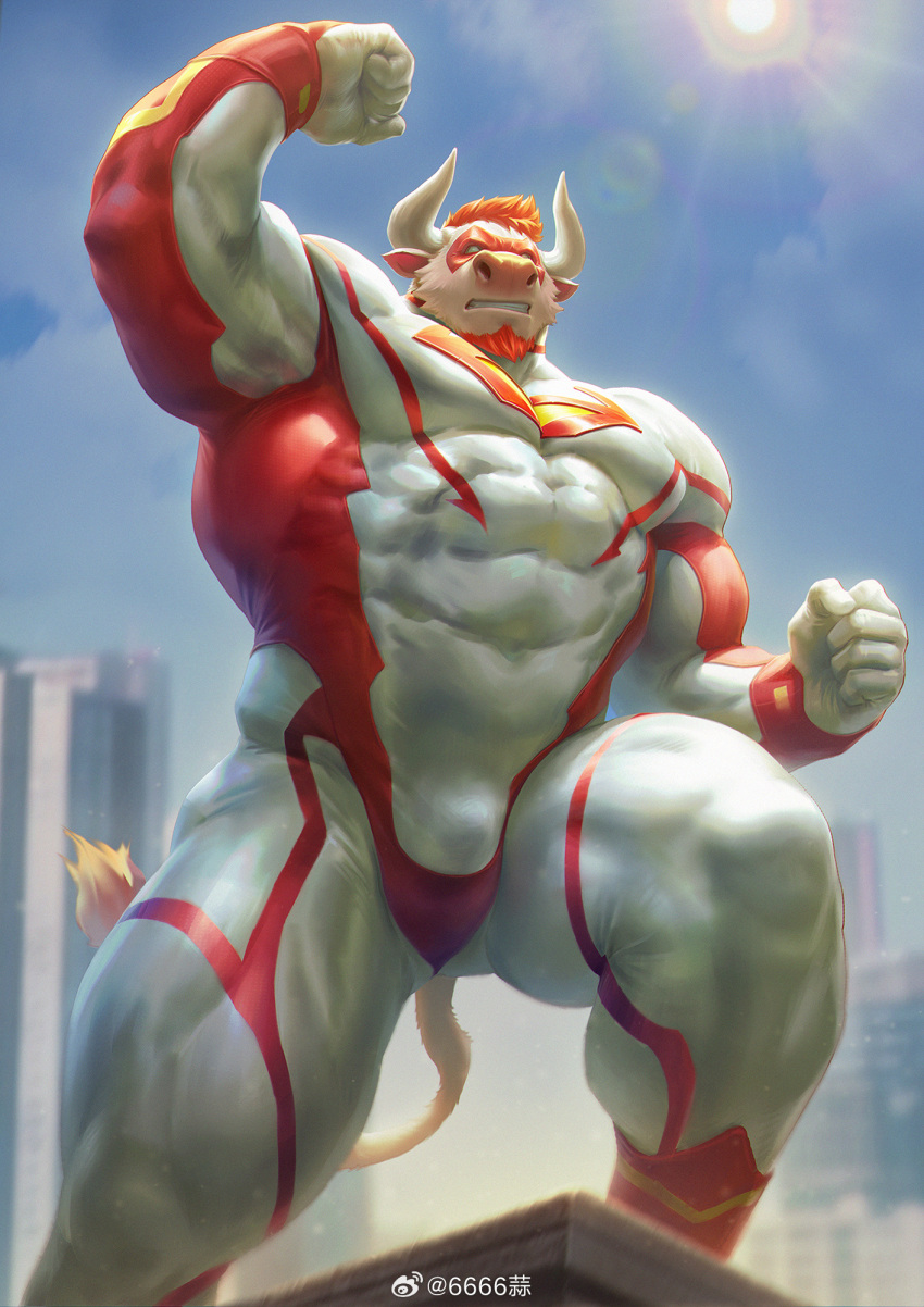 1boy 6suan animal_ears ass_visible_through_thighs bara bodysuit bulge cityscape cow_ears cow_horns facial_hair feet_out_of_frame furry furry_male goatee highres horns large_pectorals male_focus mature_male minotaur multicolored_bodysuit multicolored_clothes muscular muscular_male original pectorals raised_fist red_bodysuit short_hair solo strongman_waist superhero thick_eyebrows thick_thighs thighs white_bodysuit