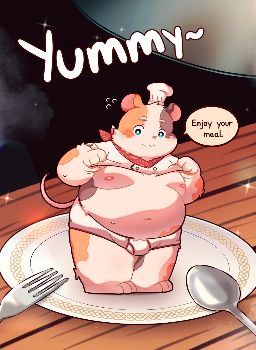 2023 absurd_res anthro belly big_belly blush bulge chef_hat clothing cricetid detailed_background dialogue english_text hamster hat headgear headwear hi_res kemono male mammal micro moobs nipples overweight overweight_male porkflo55 rodent solo text underwear