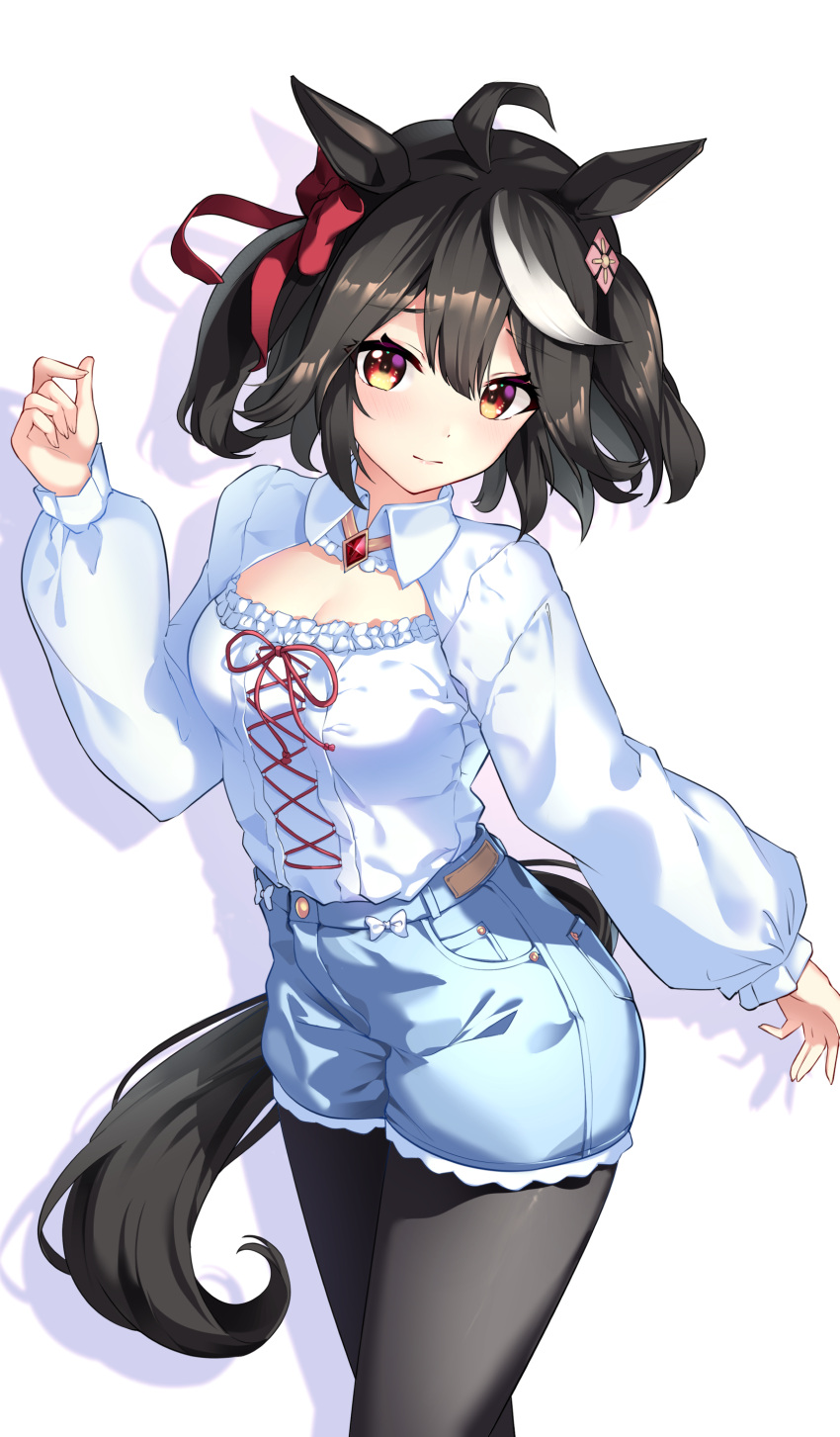 1girl absurdres ahoge animal_ears black_hair breasts cleavage_cutout clothing_cutout commentary_request cowboy_shot highres horse_ears horse_girl horse_tail kitasan_black_(umamusume) legwear_under_shorts long_sleeves looking_at_viewer medium_breasts multicolored_hair pantyhose red_eyes shorts simple_background solo streaked_hair sunny_(20597521) tail two_side_up umamusume white_background white_hair