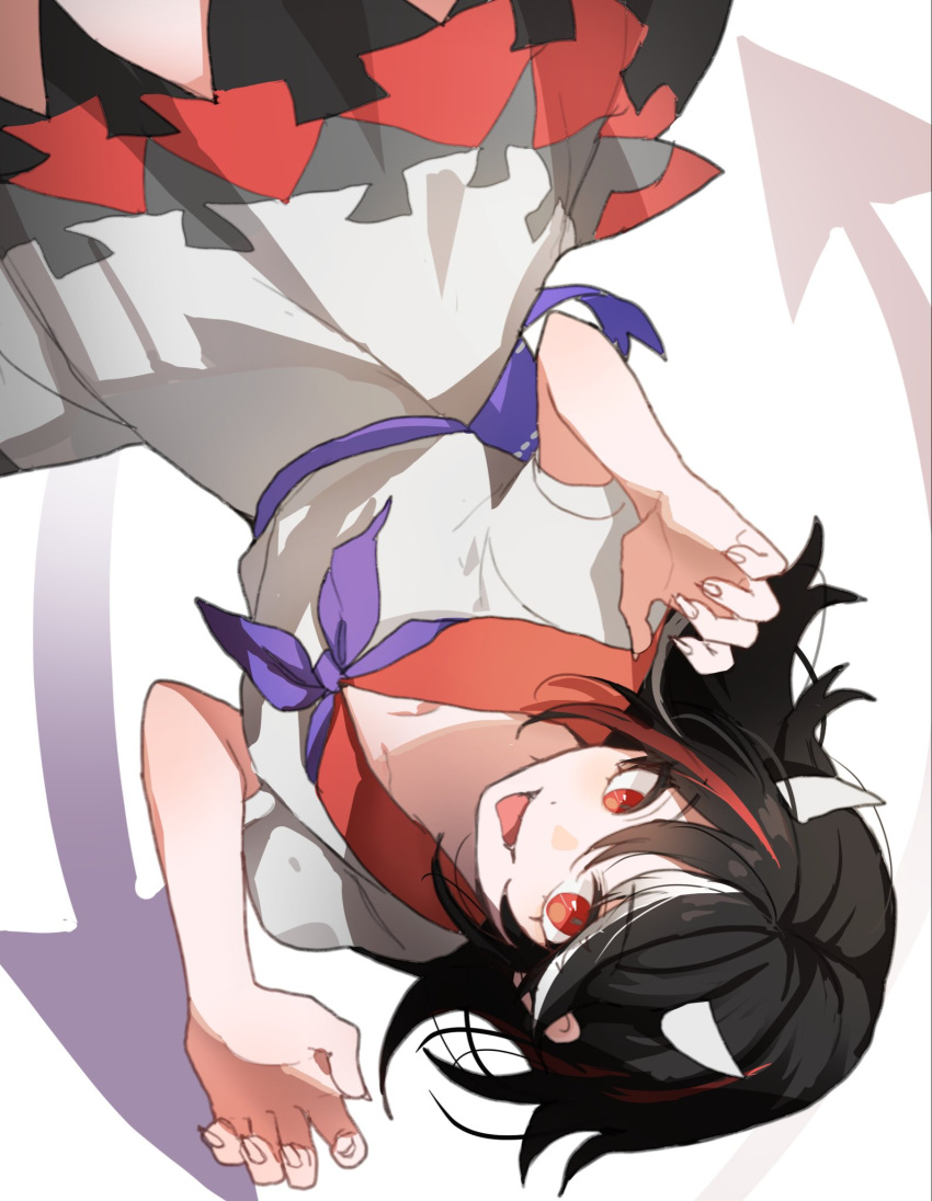 1girl arrow_(symbol) arrow_print black_hair demon_horns dress highres horns kijin_seija looking_at_viewer neckerchief purple_neckerchief red_eyes sarukana short_hair smile solo touhou upside-down white_background white_dress