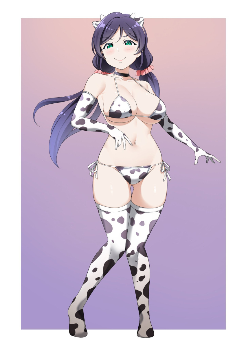 1girl animal_ears animal_print ass_visible_through_thighs bikini black_choker border breasts choker cleavage closed_mouth collarbone commission cow_ears cow_horns cow_print cow_print_bikini cow_print_thighhighs elbow_gloves full_body gloves green_eyes highres horns large_breasts limelam06 love_live! love_live!_school_idol_project low_twintails navel print_bikini print_gloves print_thighhighs purple_hair skindentation smile solo stomach swimsuit thighhighs toujou_nozomi twintails v-shaped_eyebrows white_border