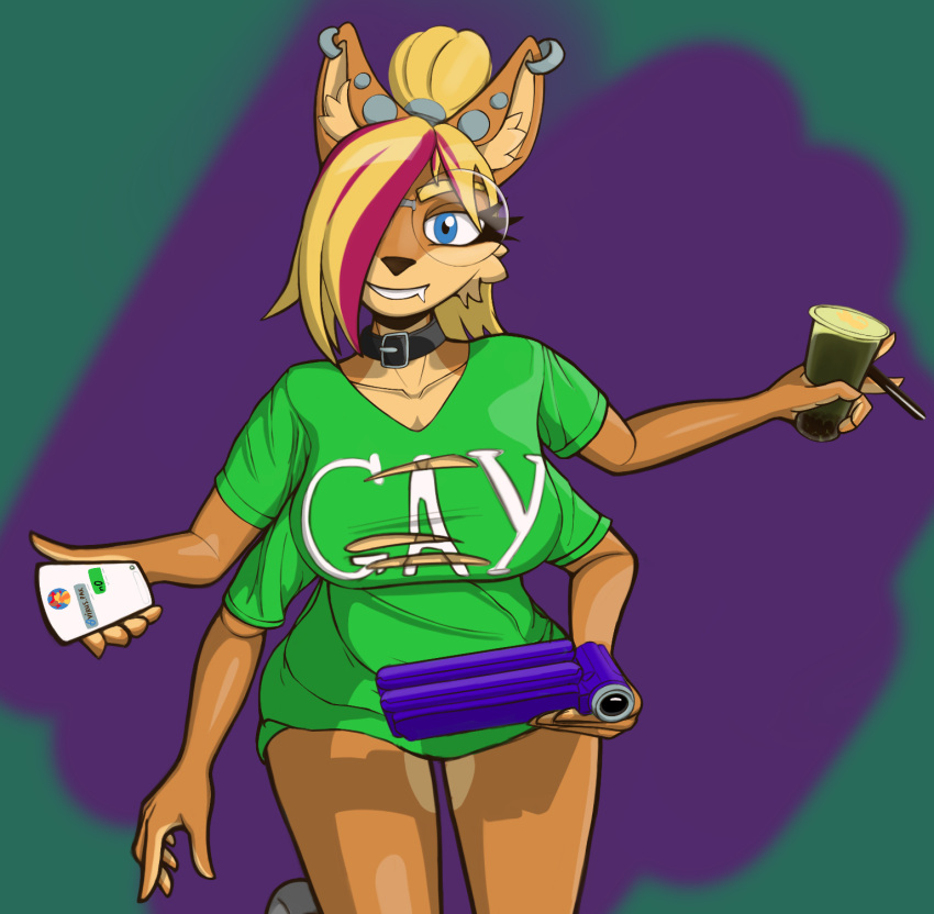 2023 4_arms alexis_(sleeps-darkly) anthro bandicoot beverage blonde_hair blue_eyes breasts bubble_tea clothed clothing digital_media_(artwork) ear_piercing english_text eyewear female fingers fur glasses green_clothing green_topwear hair hi_res holding_object holding_phone looking_at_viewer mammal marsupial multi_arm multi_limb multicolored_hair orange_body orange_fur phone piercing simple_background sleeps-darkly_(artist) smile solo stated_homosexuality stated_sexuality text topwear torn_clothing torn_topwear two_tone_hair