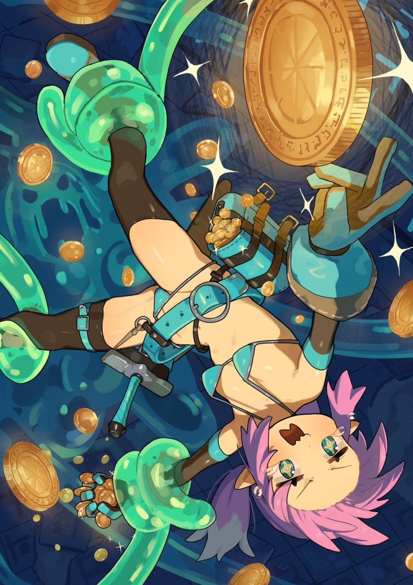 1girl @_@ aqua_belt bikini black_thighhighs blush breasts coin elbow_gloves full_body gloves green_eyes greentanuki highres long_hair open_mouth original pink_hair revealing_clothes slime_(creature) small_breasts swimsuit sword symbol-shaped_pupils tentacles thighhighs weapon