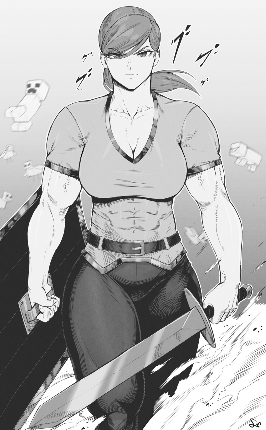 1girl abs absurdres alex_(minecraft) belt breasts cleavage creeper highres large_breasts looking_at_viewer menacing_(jojo) minecraft monochrome muscular muscular_female pig ponytail shield shirt smoke solo speedl00ver sword tight_clothes veins veiny_arms weapon