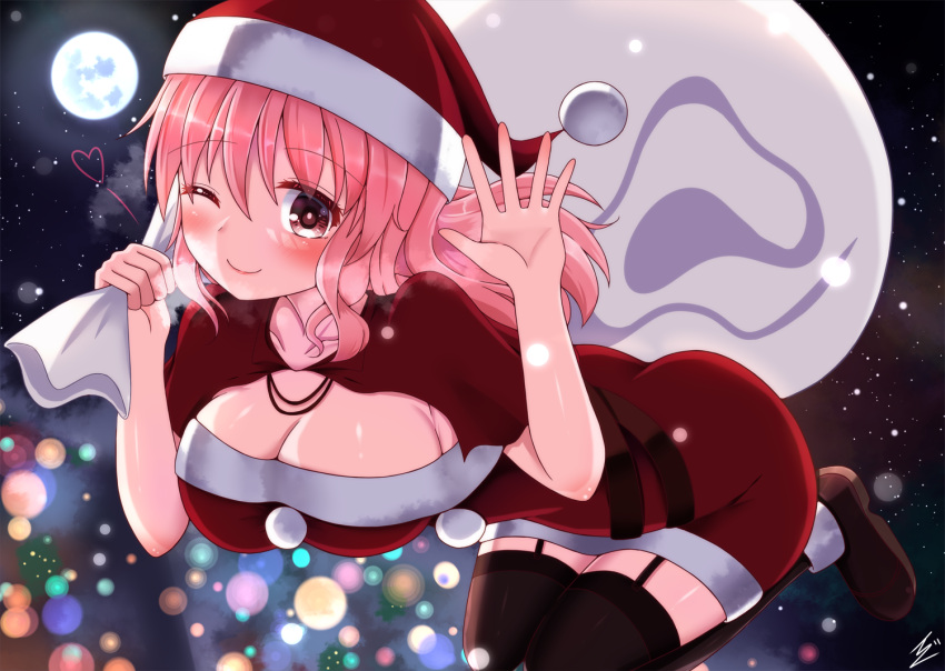 1girl ;) bad_anatomy black_thighhighs breasts brown_footwear cleavage closed_mouth commentary_request full_moon garter_straps hat heart holding holding_sack ibuibuyou large_breasts light_particles looking_at_viewer medium_hair moon one_eye_closed outdoors pink_eyes pink_hair red_headwear sack saigyouji_yuyuko santa_costume santa_hat signature smile thighhighs touhou