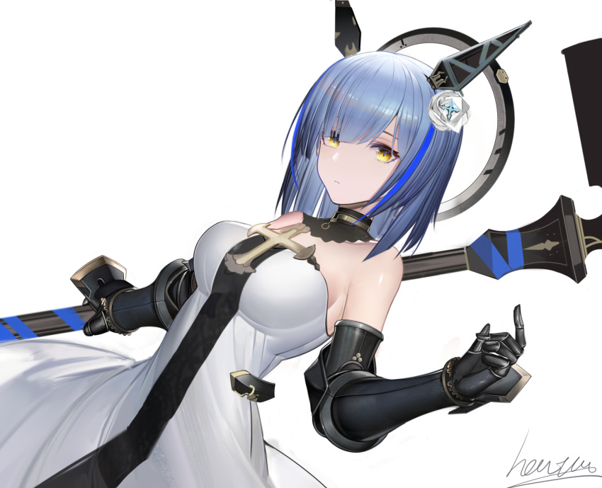 1girl azur_lane bare_shoulders blue_hair breasts chinese_commentary closed_mouth commentary_request cross cross_(weapon) cross_necklace dress floating_headgear flower gascogne_(azur_lane) gauntlets hair_flower hair_ornament halo headgear heatia highres holding holding_weapon jewelry looking_at_viewer mechanical_halo medium_breasts multicolored_hair necklace short_hair signature simple_background sleeveless sleeveless_dress solo streaked_hair weapon white_background white_dress white_flower yellow_eyes