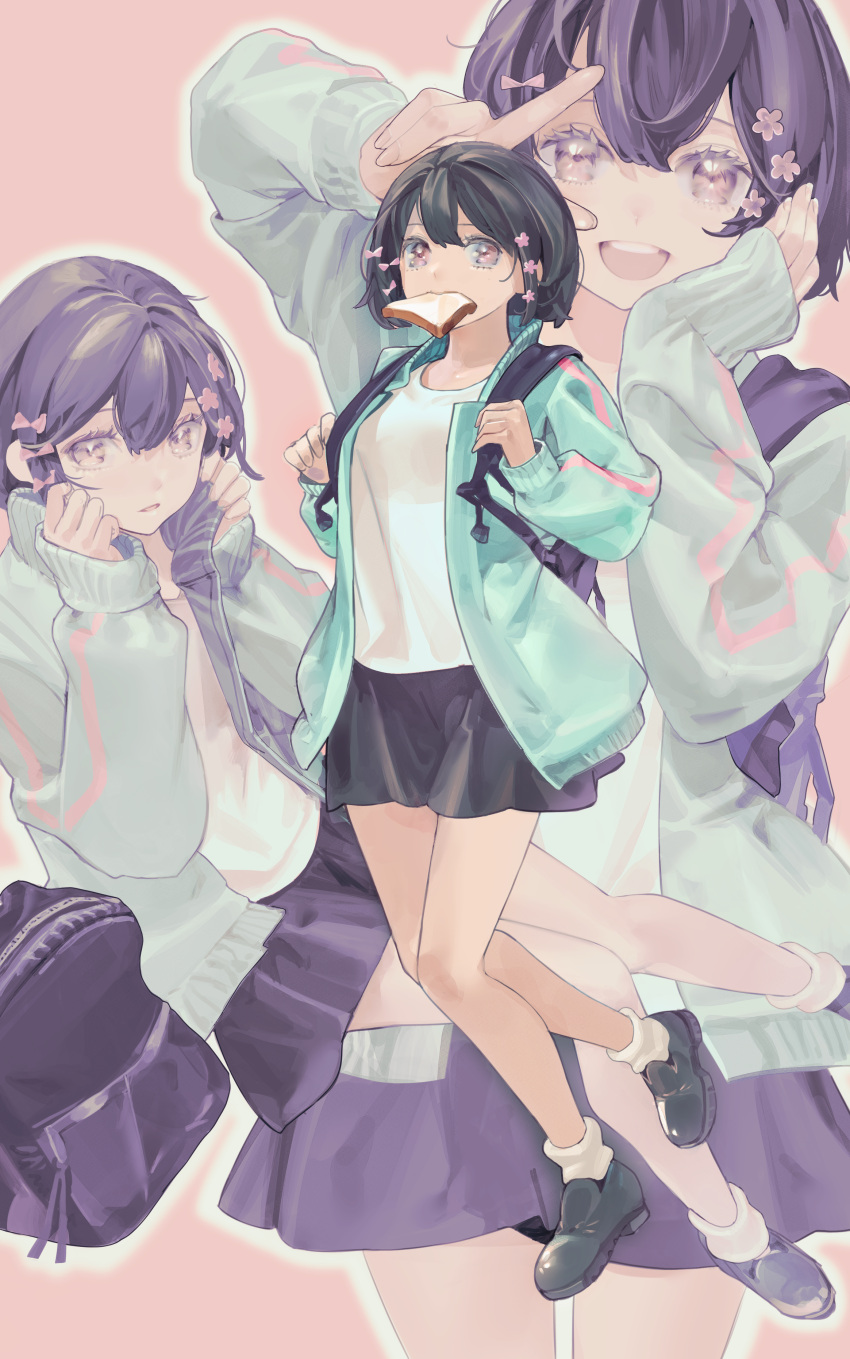 1girl absurdres backpack bag black_footwear black_hair black_skirt flower food food_in_mouth full_body green_jacket hair_between_eyes hair_flower hair_ornament hand_on_own_cheek hand_on_own_face hand_up highres jacket kyu-kurarin_(cevio) long_sleeves looking_at_viewer miniskirt mouth_hold multiple_views nik_ibi open_clothes open_jacket pink_background pink_eyes pink_flower pleated_skirt projected_inset raised_eyebrows shirt shoes short_hair sidelocks skirt socks toast toast_in_mouth track_jacket v_over_eye white_shirt white_socks
