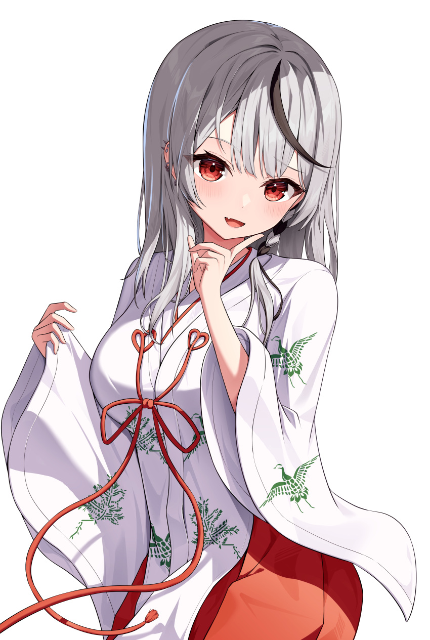 1girl absurdres black_hair blush breasts ear_piercing fang grey_hair highres hololive japanese_clothes kag_tsukimi looking_at_viewer multicolored_hair open_mouth piercing red_eyes sakamata_chloe skin_fang smile solo streaked_hair virtual_youtuber white_background wide_sleeves