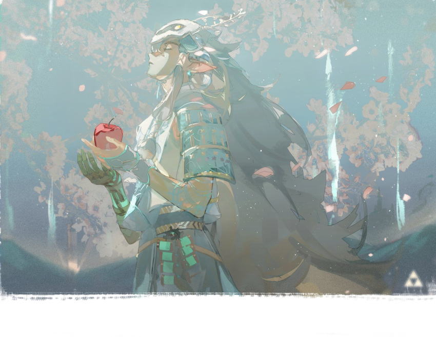 1boy apple armor blurry blurry_background cherry_blossoms closed_eyes food fruit highres link long_hair mask mask_on_head mystic_set_(zelda) official_alternate_costume petals shoulder_armor shuyu08382645 solo the_legend_of_zelda the_legend_of_zelda:_tears_of_the_kingdom tree upper_body very_long_hair