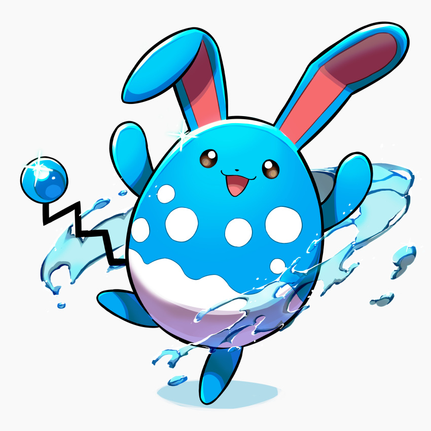 :d absurdres azumarill bright_pupils brown_eyes commentary_request full_body happy highres leg_up no_humans nori_(hgdm2784) open_mouth pokemon pokemon_(creature) smile solo sparkle standing standing_on_one_leg water white_pupils