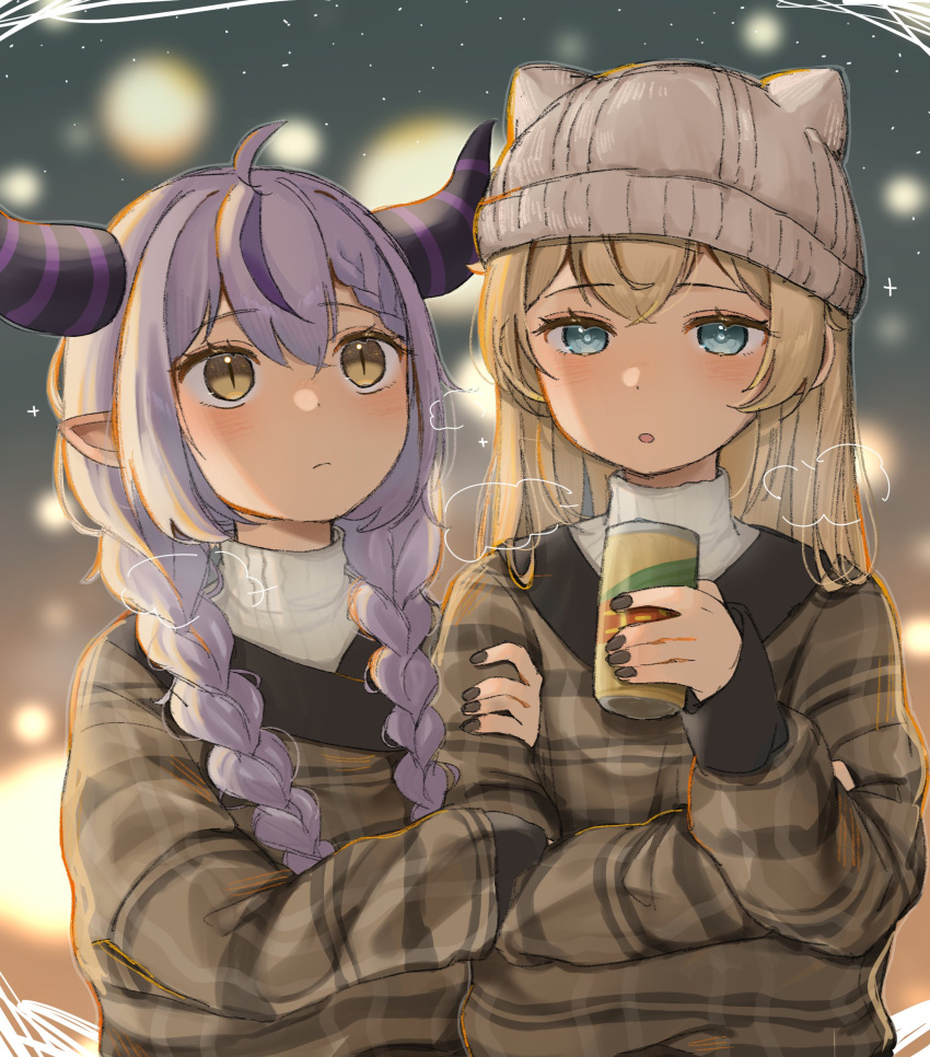 2girls absurdres ahoge alternate_costume alternate_hairstyle aqua_eyes black_horns blonde_hair braid braided_bangs can cold grey_hair highres holding holding_another's_arm holding_can hololive horns kazama_iroha knit_hat la+_darknesss multicolored_hair multiple_girls nail_polish pointy_ears purple_hair slit_pupils streaked_hair striped_horns sweater twin_braids yoshioka_(today_is_kyou)