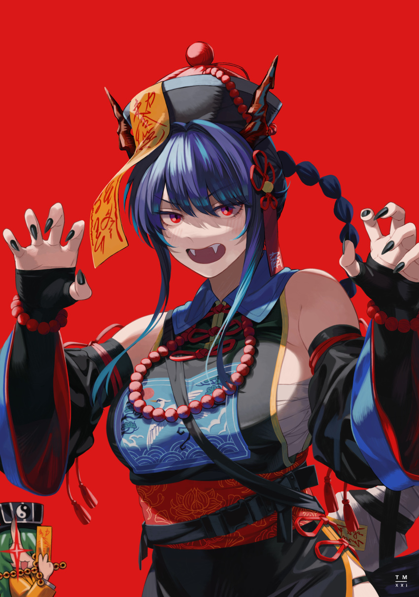 2girls arknights black_nails black_sleeves blue_hair braid breasts ch'en_(arknights) chinese_clothes chinese_knot claw_pose detached_sleeves dragon_horns fangs green_hair hands_up hanfu hat highres holding horns hoshiguma_(arknights) jiangshi large_breasts multiple_girls oni oni_horns open_mouth parted_bangs red_background red_eyes sarashi side_slit single_braid solo_focus swept_bangs sword talisman tampaman weapon yin_yang