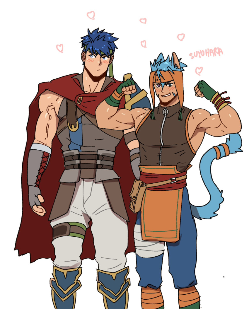 2boys animal_ears bandaged_leg bandages bara biceps blue_hair blue_pants blush cape fingerless_gloves fire_emblem fire_emblem:_path_of_radiance fire_emblem:_radiant_dawn flexing gloves green_gloves grey_gloves highres ike_(fire_emblem) large_pectorals male_focus multiple_boys muscular muscular_male pants pectorals ranulf_(fire_emblem) red_cape simple_background smile suyohara tail teeth white_background white_pants