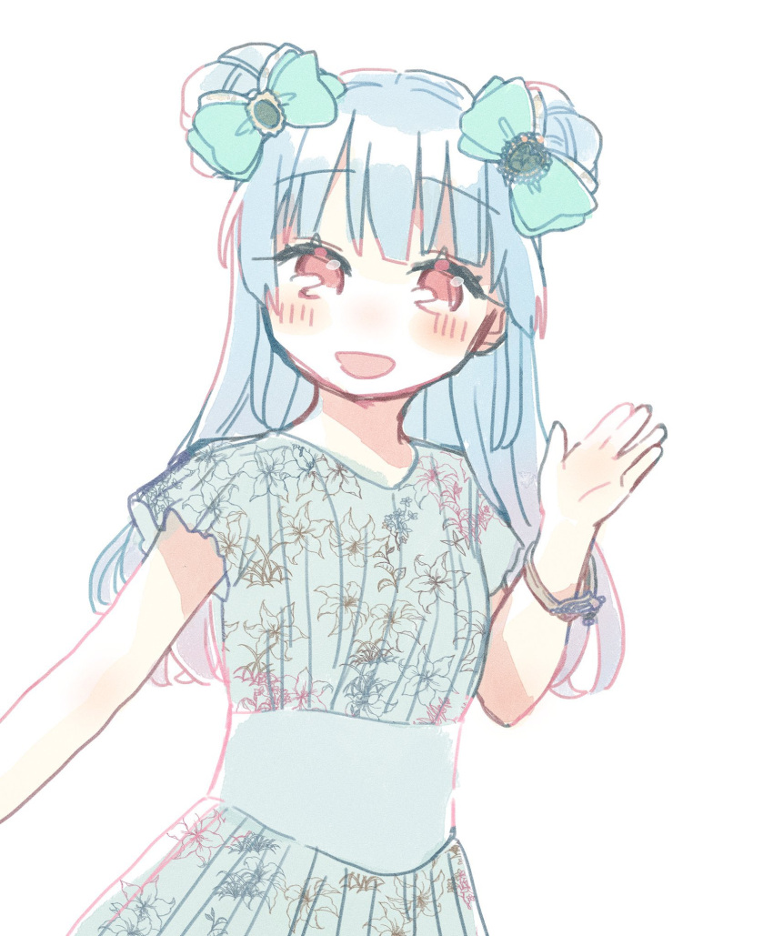 1girl blue_dress blue_hair blush bow bracelet cha_ipride double_bun dress floral_print green_bow hair_bow hair_bun hand_up highres hyodou_shizuku idoly_pride jewelry long_bangs long_hair looking_at_viewer open_hand open_mouth print_dress red_eyes short_sleeves simple_background smile solo upper_body white_background