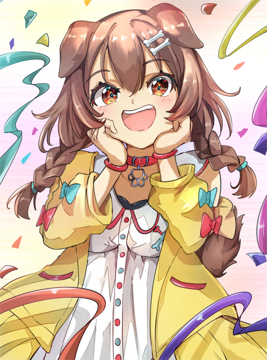 1girl absurdres animal_ears blue_bow blush bone_hair_ornament bow braid brown_eyes brown_hair collar collared_dress confetti dog_ears dog_girl dog_tail dress hair_between_eyes hair_ornament hands_on_own_face highres hololive inugami_korone inugami_korone_(1st_costume) jacket long_hair looking_at_viewer multicolored_buttons open_clothes open_jacket open_mouth red_bow red_bracelet red_collar sasai_tuki simple_background single_off_shoulder smile solo streamers tail teeth twin_braids upper_teeth_only virtual_youtuber white_dress yellow_jacket