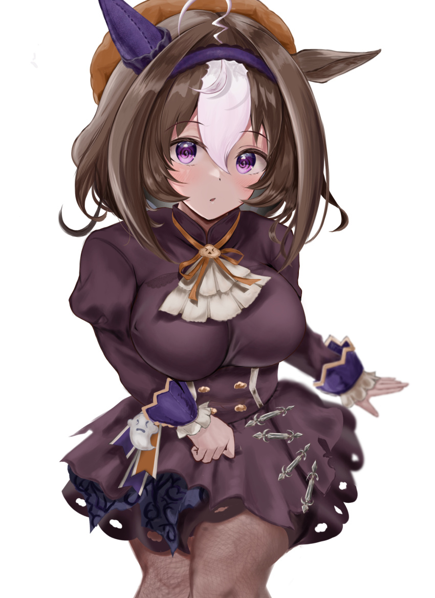 1girl @_@ ahoge animal_ears beret breasts brown_hair commentary_request days_in_a_flash_(umamusume) dress hair_between_eyes halloween_costume hat headband highres horse_ears horse_girl large_breasts long_sleeves looking_at_viewer meisho_doto_(dot-o'-lantern)_(umamusume) meisho_doto_(umamusume) multicolored_hair official_alternate_costume pantyhose puffy_sleeves purple_dress purple_eyes simple_background solo streaked_hair umainu_2002 umamusume white_background white_hair