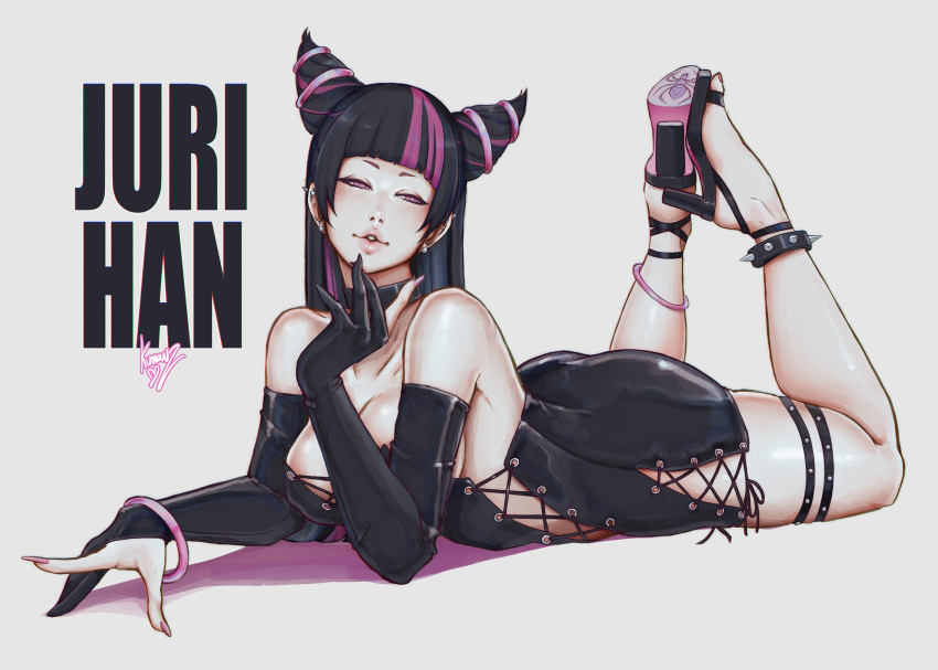 1girl black_dress black_hair bracelet breasts capcom character_name choker commentary_request cross-laced_clothes double_bun dress ear_piercing earrings elbow_gloves feet feet_up full_body gloves hair_bun hair_horns han_juri high_heels highres jewelry kumanz legs looking_at_viewer lying multicolored_hair on_ground on_stomach partially_fingerless_gloves piercing pink_hair sandals signature simple_background solo spiked_anklet strapless strapless_dress strappy_heels street_fighter thigh_strap toenails toes two-tone_hair