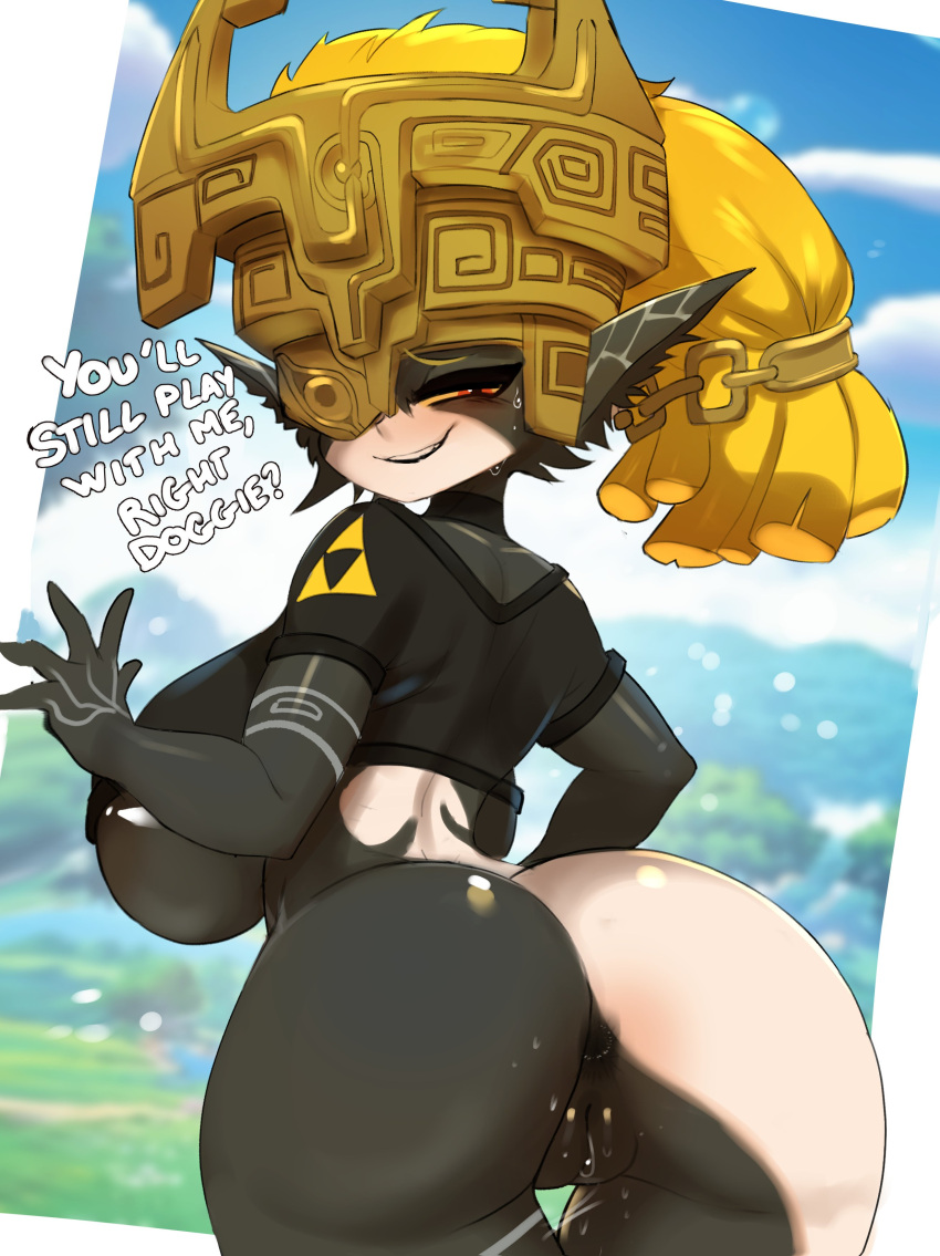 absurd_res anthro anus ashraely black_body blonde_hair blush bodily_fluids breasts butt female genitals hair hi_res humanoid imp looking_at_viewer midna nintendo pussy red_eyes solo text the_legend_of_zelda twili twilight_princess